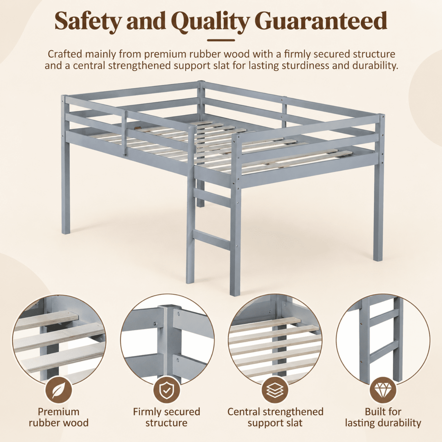 Miniyam Full Loft Bed for Kids, Solid Wood Frame with Ladder and Guardrails, Space-Saving Design, Gray