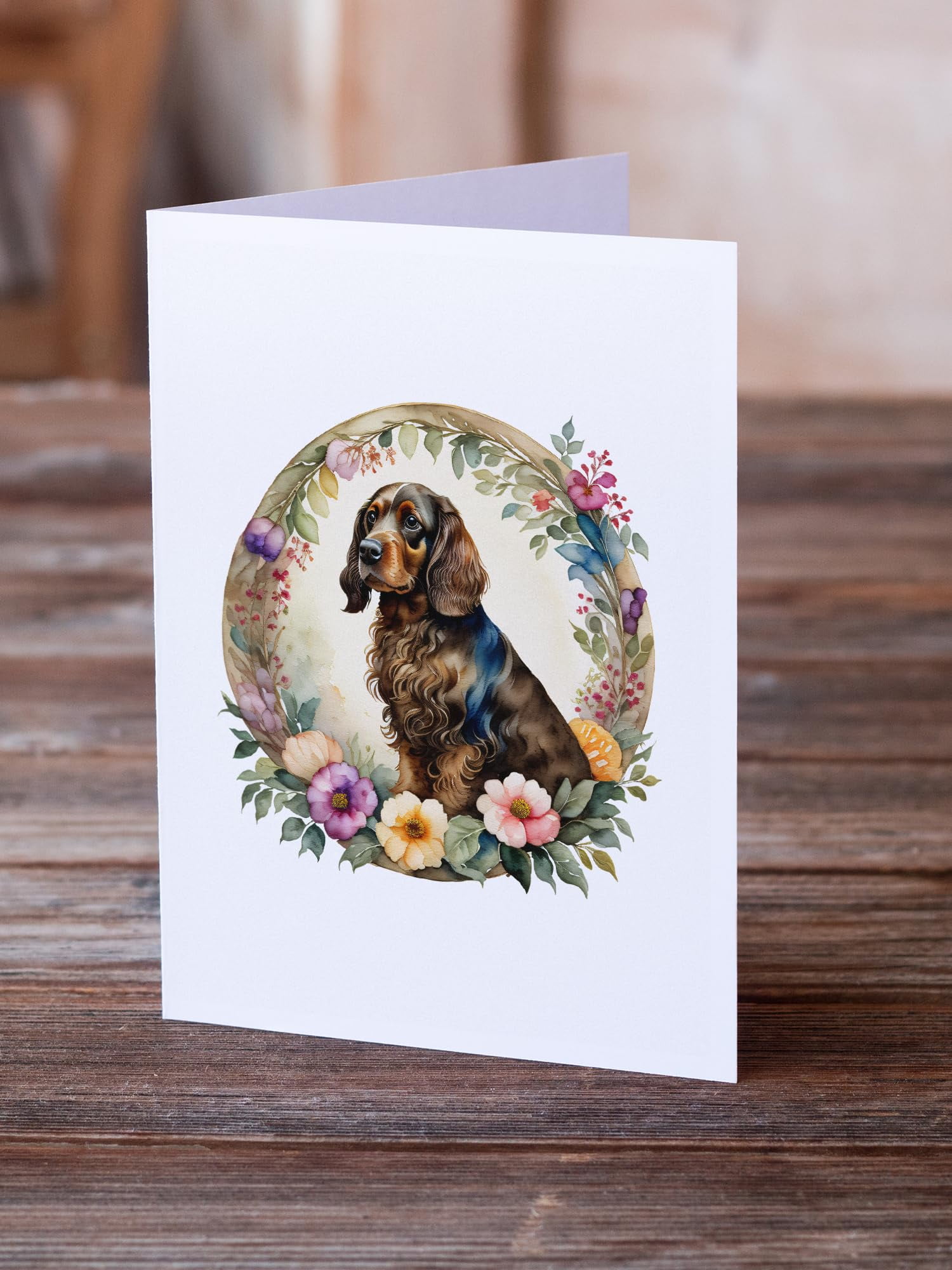 Field Spaniel and Flowers Greeting Cards and Envelopes Pack of 8 7 in x 5 in