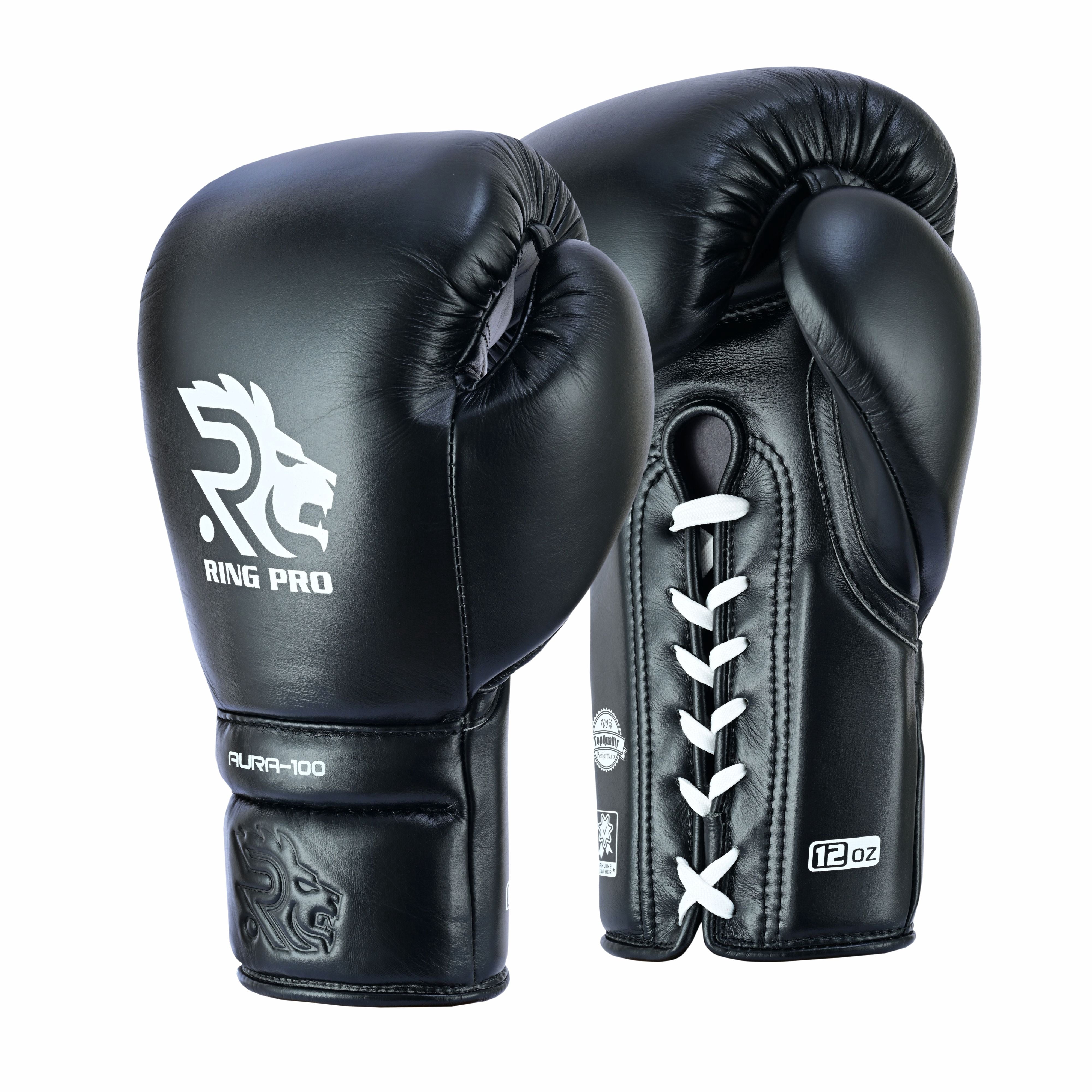 Ring Pro Sports Aura-100 Series Boxing Glove Made of Genuine Cowhide Leather for Boxing & MMA - Black 16 oz