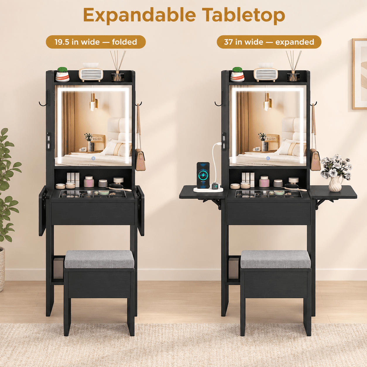 Furnibear Space-Saving Vanity Desk with Mirror and Lights, Foldable Makeup Vanity Table and Storage Stool with Charging Station for Bedroom, Black