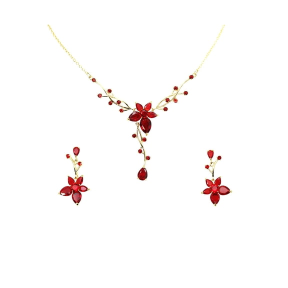 Faship Gorgeous Red CZ Crystal Floral Necklace Earrings Set
