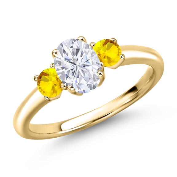 Gem Stone King 10K Yellow Gold White Moissanite and Yellow Sapphire Engagement Ring for Women | 1.22 Cttw | Oval 7X5MM | Gemstone Birthstone | Size 6
