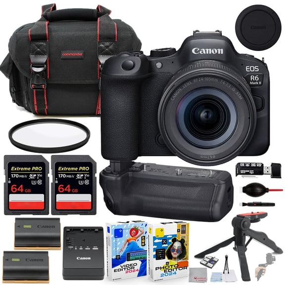 Canon EOS R6 Mark II Mirrorless Camera with RF 24-105mm STM Lens Bundle   Canon BG-R20 Battery Grip   Commander Gear Bag   2X 64GB Extreme Memory Cards   Accessory Kit