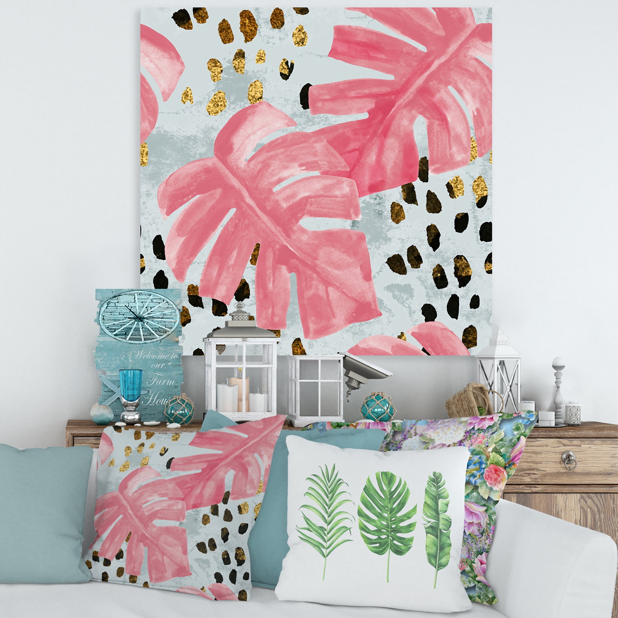 Designart ' Rough Brush Strokes Pink Colored Monstera II ' Tropical Canvas Wall Art Print
