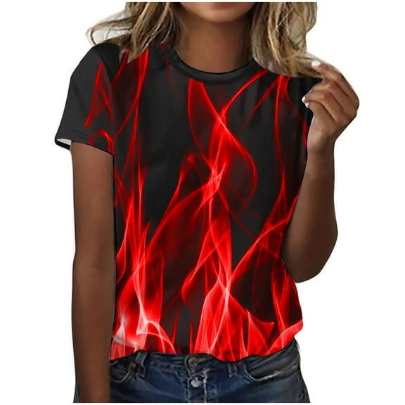 yievot Womens Summer Short Sleeve Shirts Flame Printed Round Neck Tops Dressy Casual Basic Tees Shirts