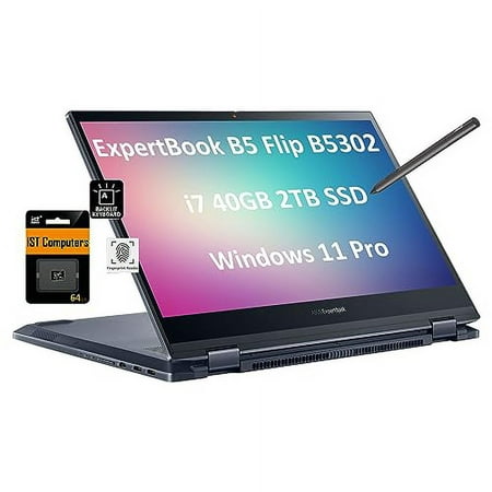 ASUS ExpertBook B5 Flip B5302 13.3" FHD 2-in-1 Touchscreen (Intel Core i7-1165G7, 40GB RAM, 2TB SSD, Active Pen) Business Laptop, Backlit, Fingerprint, 14-Hr Battery Life, 3-Yr Warranty, Win 11 Pro
