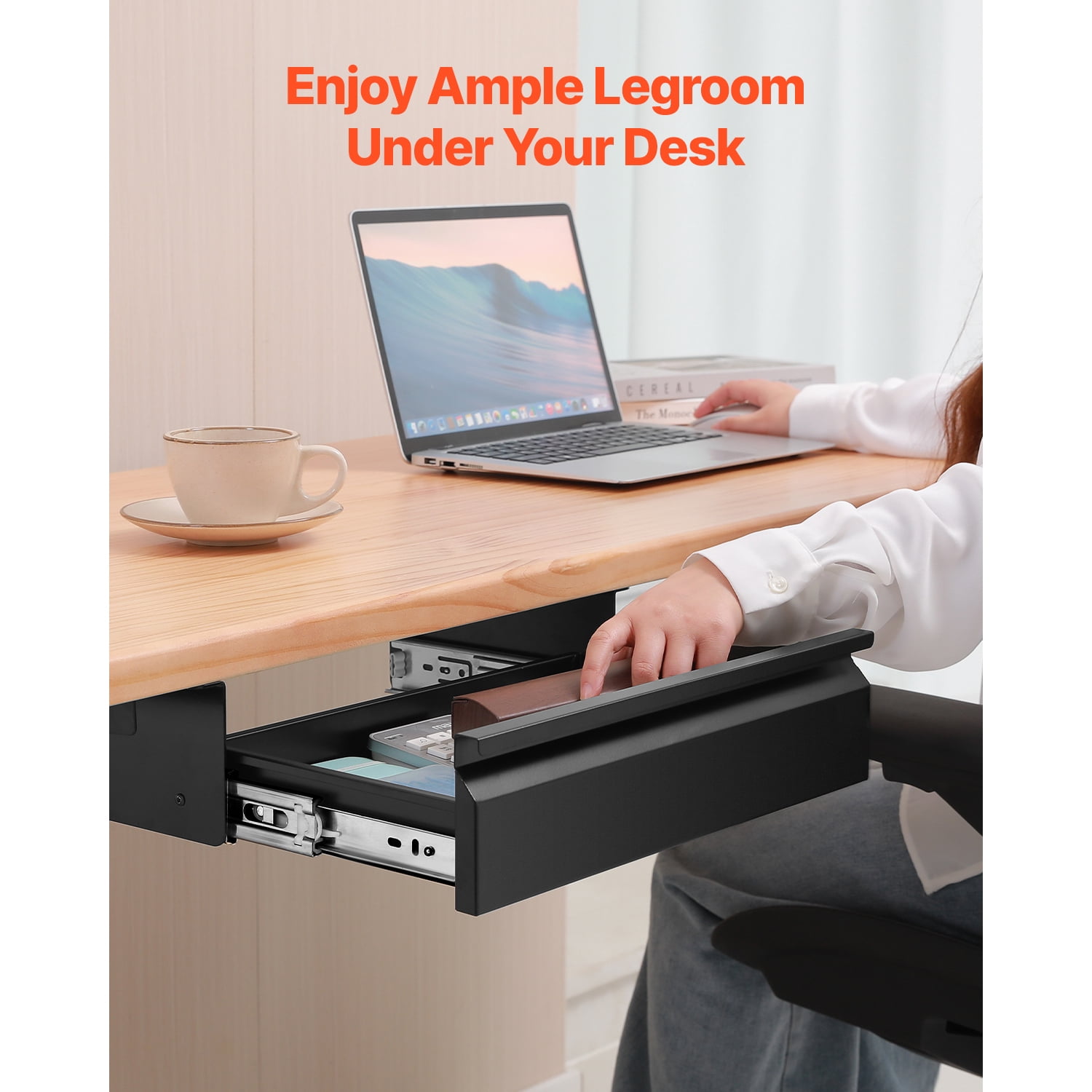 KFFKFF 16" Broad Under-Desk Drawer Glide, Under-Desk Fixated Slide-In Drawer Accessory, Concealed Tabletop Storage Solution, Under-Table Pen Holder for Home Office Sit-Stand Workspace, 17x9x4 in