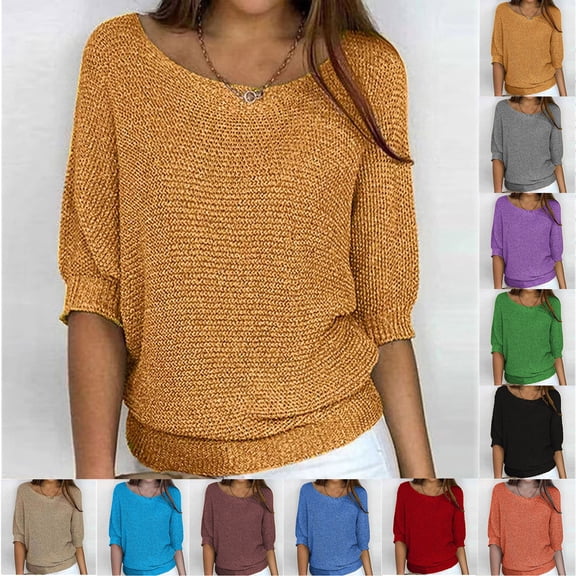 Wiyuqeen 3/4 Sleeve Sweaters for Women Crew Neck Oversized Blouson Tops Solid Loose Fit Knit T Shirts Plus Size Banded Bottom Sweater Shirts