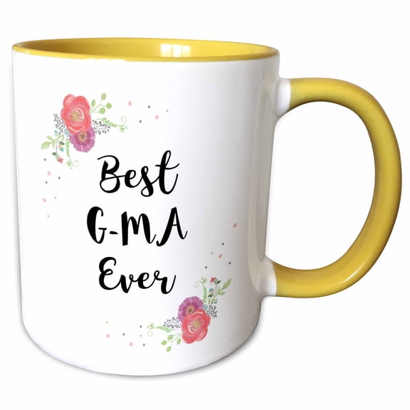 3drose, Floral Best G-ma Ever Pretty Watercolor Pink Flowers Gma Grandma Love, 15oz Two-tone Yellow Mug