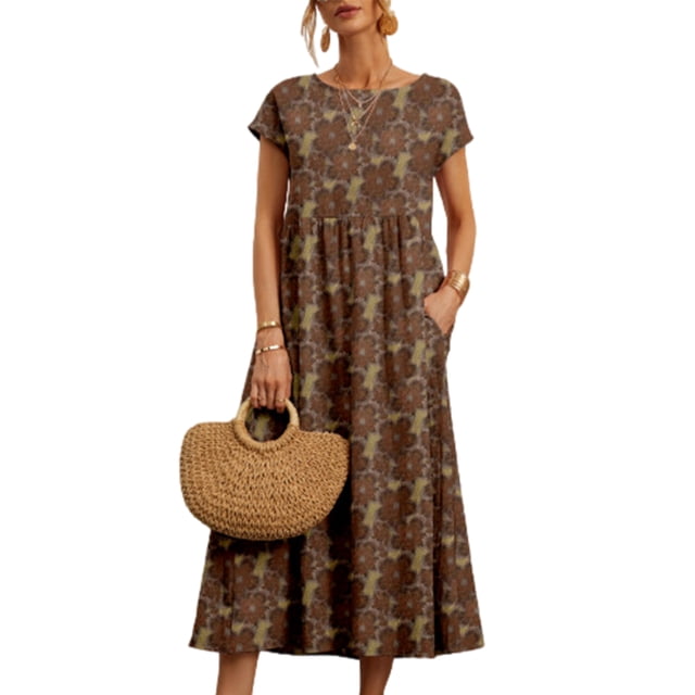 Innerwin Robe d'Été de Plage à Manches Courtes pour Femmes Robe Longue de Soirée Col Rond Kaftan Maxi Robes Café m