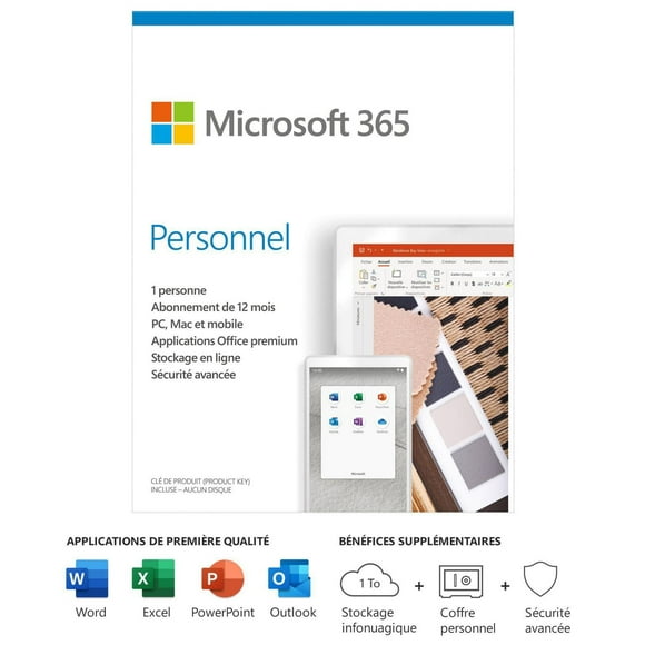 Microsoft 365 Personal French | 12-Month Subscription, 1 person | Premium Office apps | 1TB OneDrive cloud storage | PC/Mac Keycard