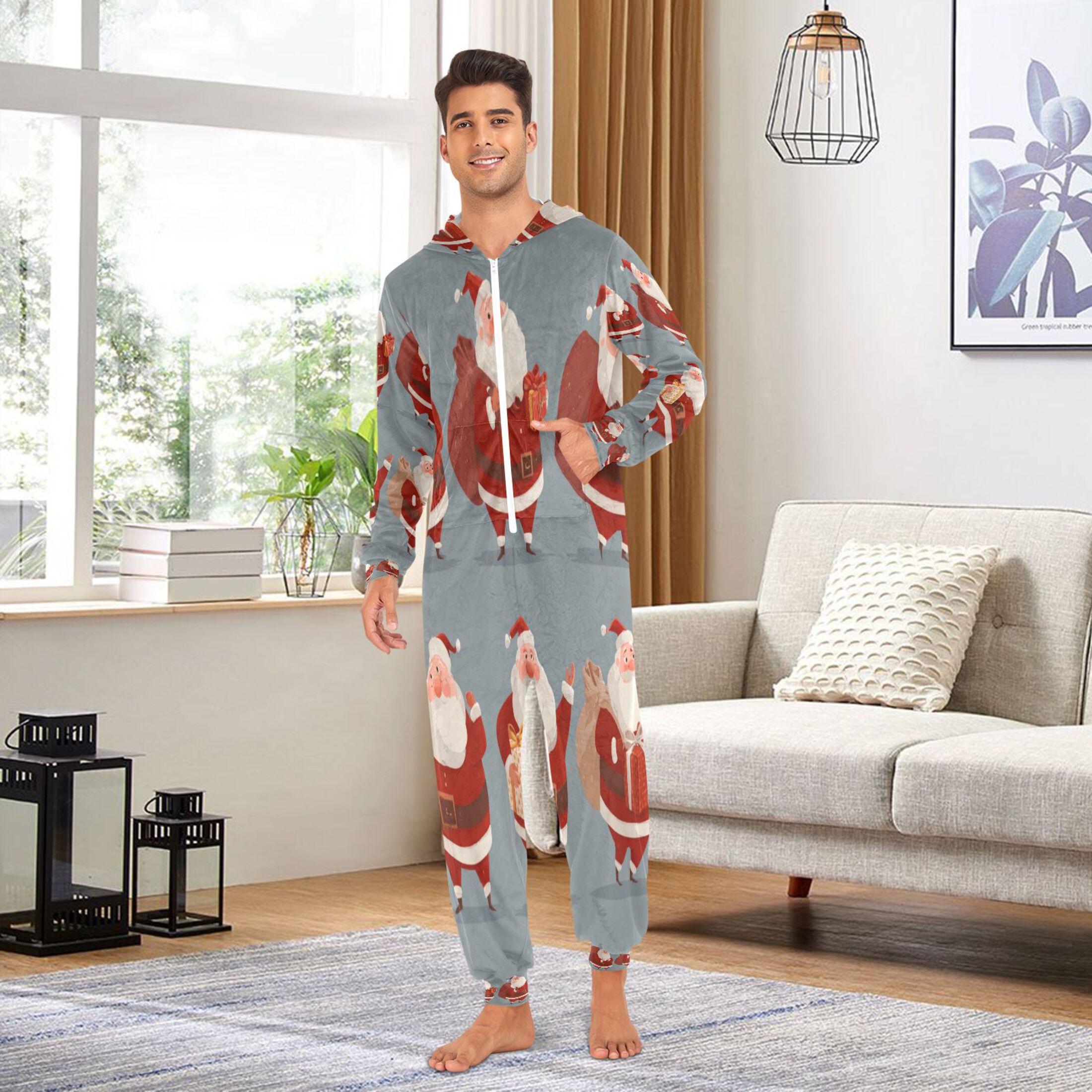 1-Pack Onesie Jumpsuits For Men&Women Winter One Piece Zipper Pajamas Playsuit Set Cartoon Santa Claus