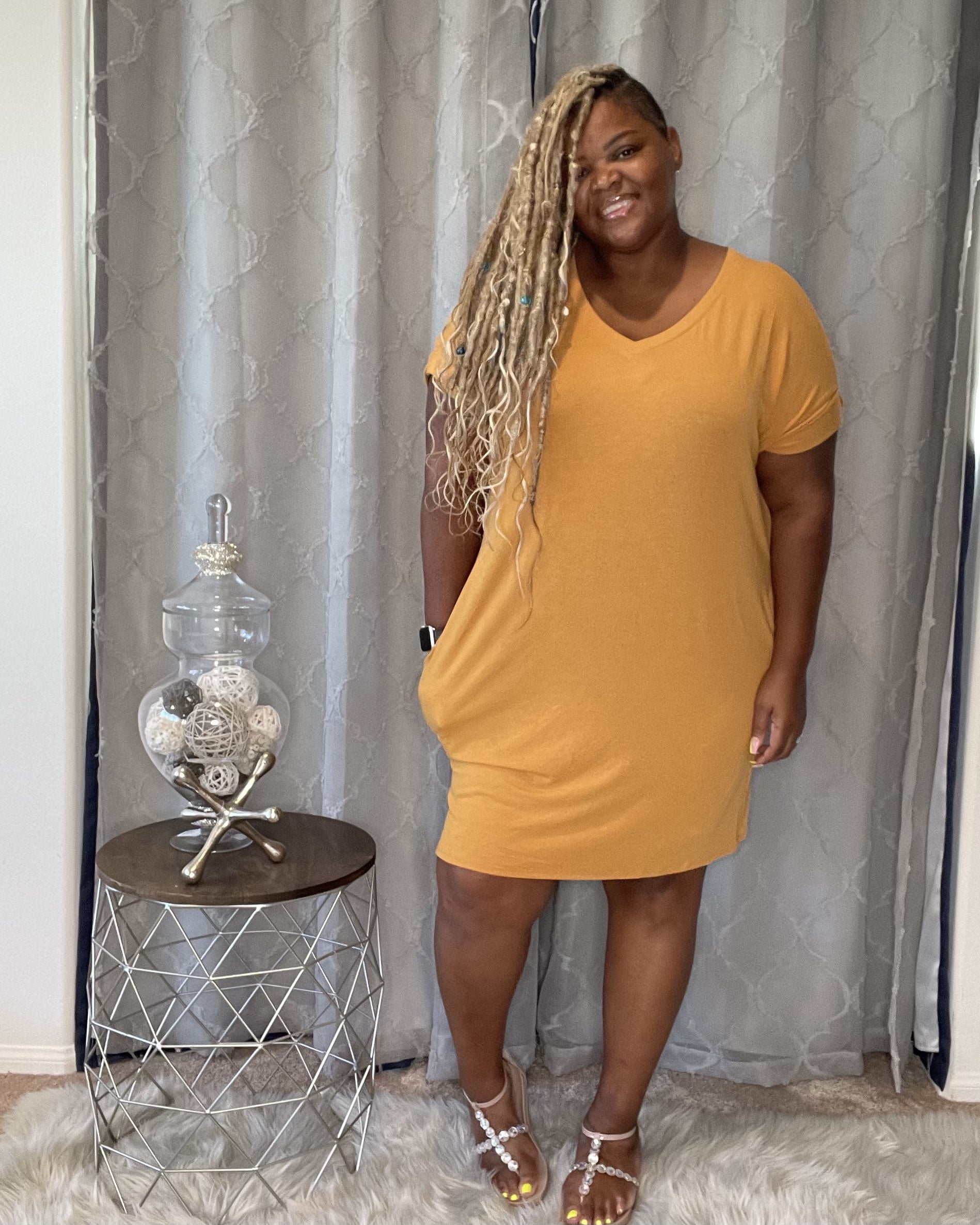 mustard jersey dress