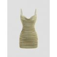 thumbnail image 2 of Multicolor Womens Sage Green Backless Ruched Bodycon Mini Dress With Ornamental Chain Plunging Neckline Spaghetti Strap, 2 of 7