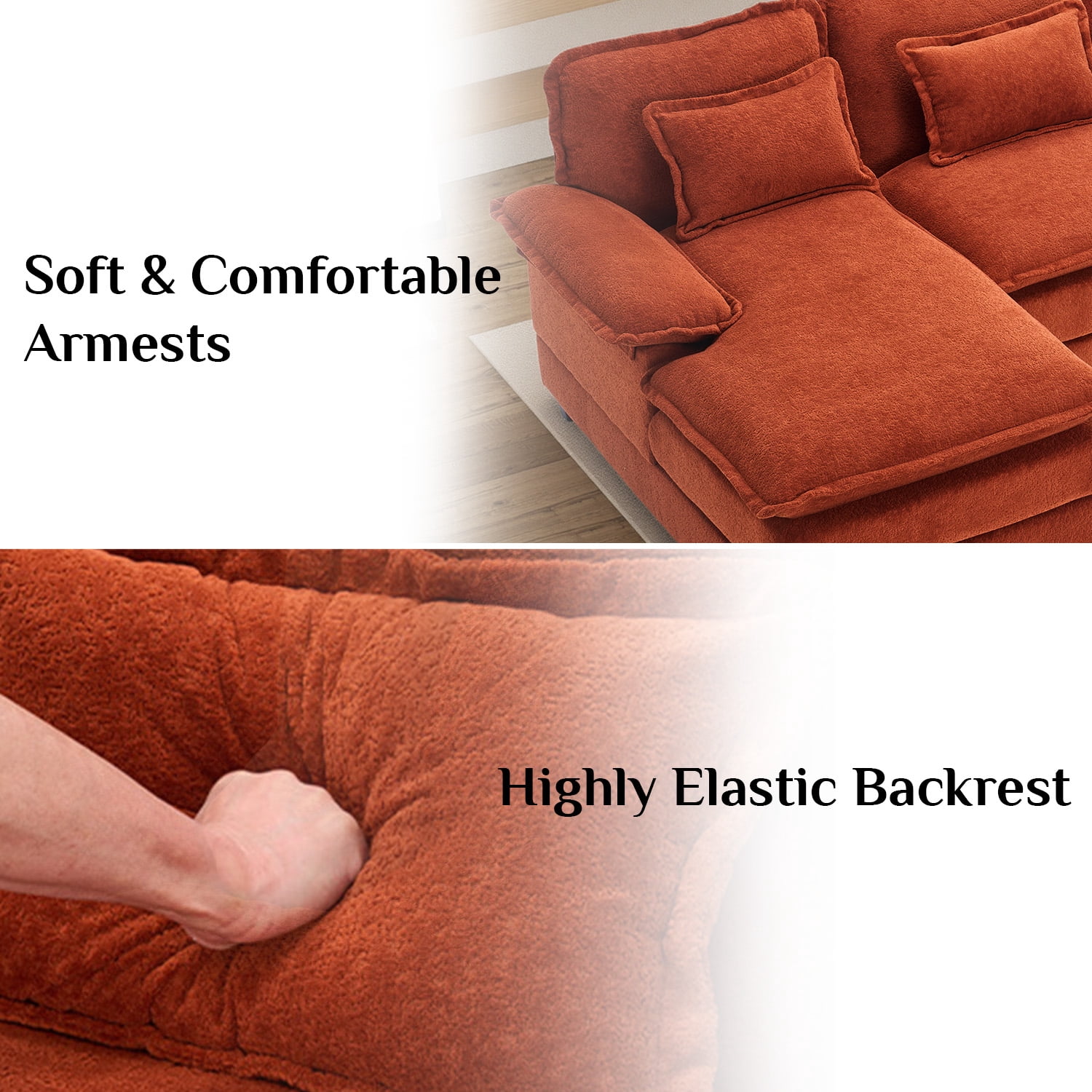 Wiilayok 133" U Shaped Cloud Couch Modular Sectional Couches for Living Room Fluffy Chenille Deep Seat Sofa set w/ Double Chaise Lounge, Storage Central Console, Cup Holders, USB Port, Sunset Orange