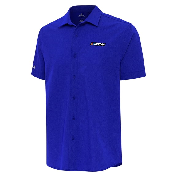 Men's-Antigua Royal NASCAR Merchandise Activate Full-Button Short Sleeve Top