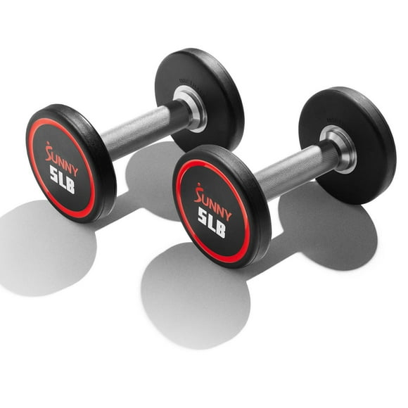 Sunny Health & Fitness Premium Polyurethane Commercial Grade Round Dumbbells 5LBS with Diamond Knurled Handle, Durable Strength Training Equipment for Home Gym, Pair