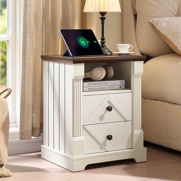 BuildHom 18" Farmhouse Nightstand with Charging Station, Roman Column Bedside Table with 2 Interchangeable Drawers & Open Shelf for Bedroom, White