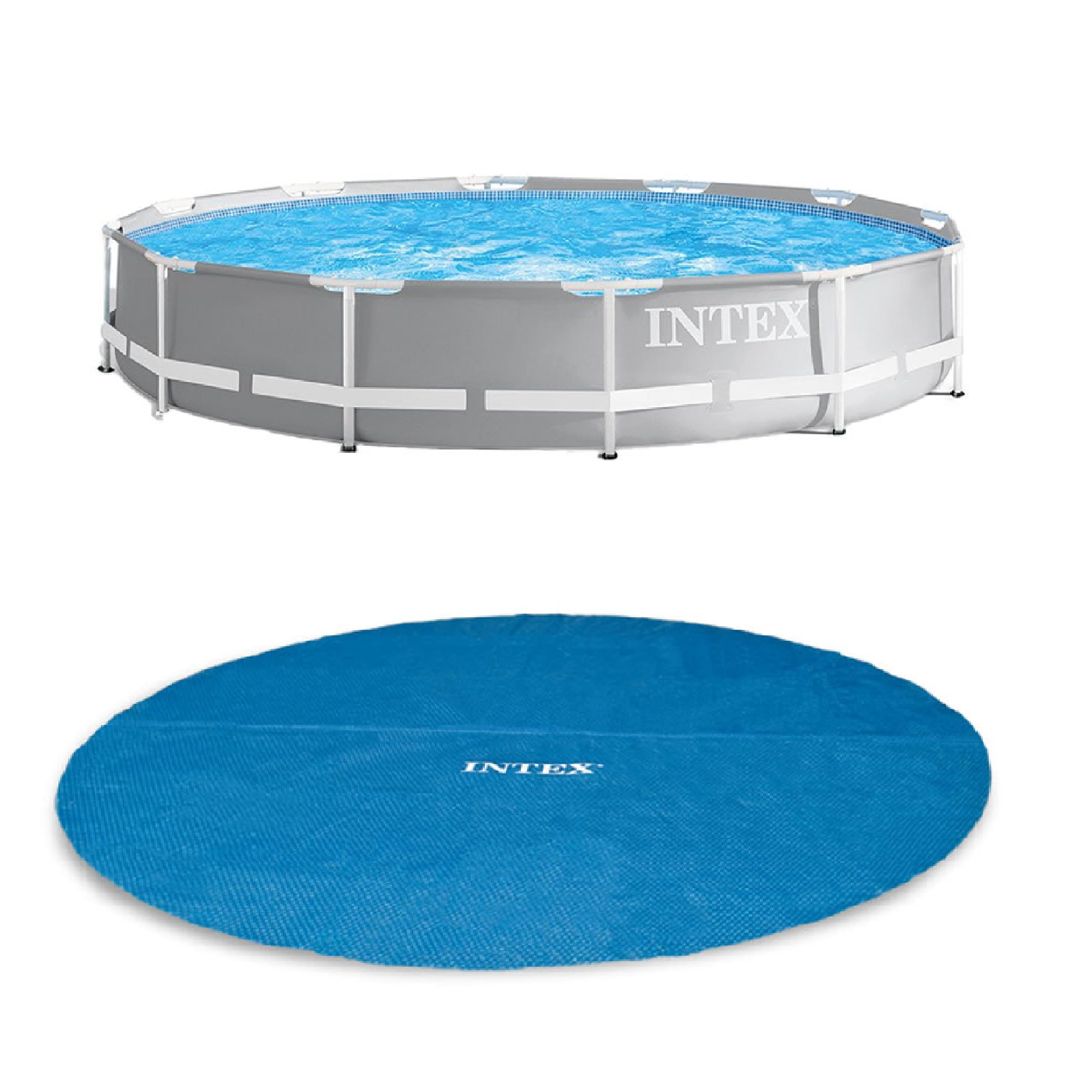 Intex 12ft x 30in Prism Frame Above Ground Pool w/ Pool Solar Cover Tarp, Blue