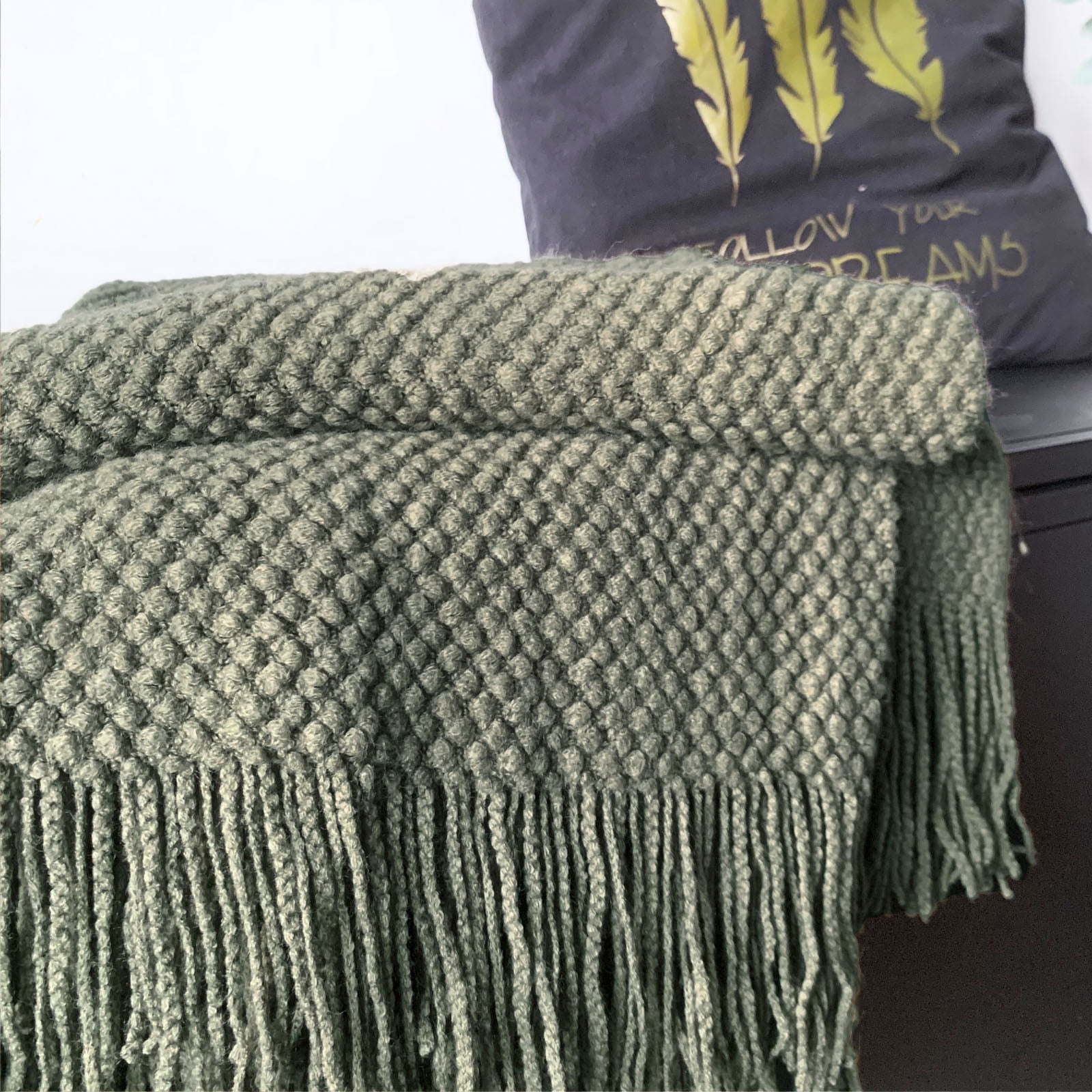 LOMAO Knitted Throw Blanket with Tassels Bubble Textured Lightweight Throws for Bed,Chair,Sofa,Living Room,Home Decor (Dark Olive,50*60 in)