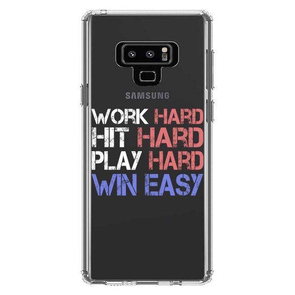 DistinctInk Clear Shockproof Hybrid Case for Samsung Galaxy Note 9 - TPU Bumper Acrylic Back Tempered Glass Screen Protector - Work Hard Hit Hard Play Hard Win Easy
