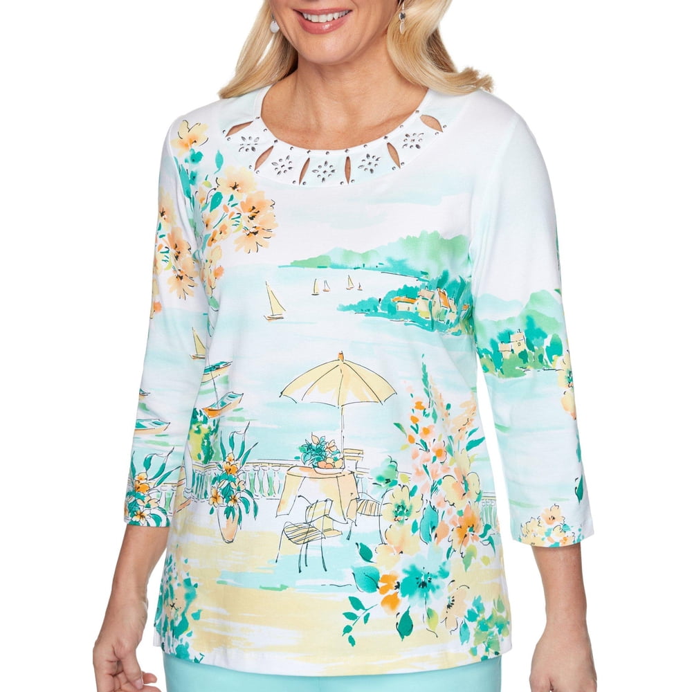 Alfred Dunner Alfred Dunner Womens Scenic Cutout Embellished Top