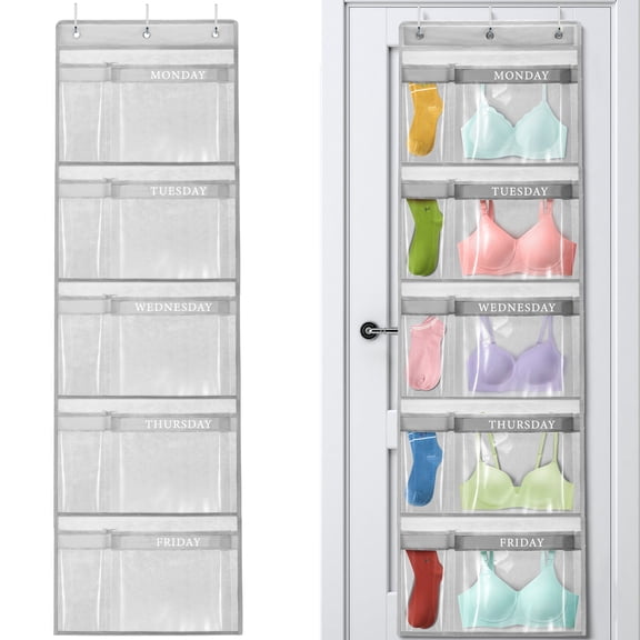 Livhil Hanging Closet Organizer, Weekly Clothes Organizer with Monday to Friday Storage Pockets (Grey)