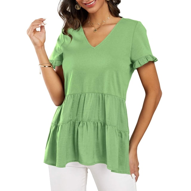 Camiseta estilo Babydoll suelta con cuello en V y manga corta con volantes para mujer, informal, para verano