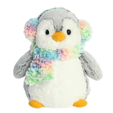Aurora - Small Gray PomPom Penguin - 9" Pom Pom Rainbow Muffs - Festive Stuffed Animal