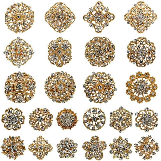Broches de aleación exquisitos con pedrería, juego dorado de 24 piezas para ramos y vestidos de novia