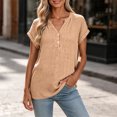 thumbnail image 5 of Women's Casual Solid Color V Neck Button Down Short Sleeve Cotton Tops Blouses Soft Lightweight Work Office Outfits | CSEONE,Khaki XL, 5 of 7