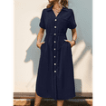 thumbnail image 7 of Women'S Solid Color Dress Summer Casual Short Sleeve Button V Neck Dresses Long Beach Shirt Dress with Pockets Navy Blue L, 7 of 7