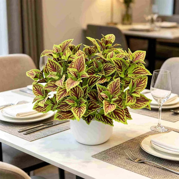 AURIGATE Artificial Coleus Stems 12.2 Inch, Green Yellow Edge Fake Painted Nettle Plant, UV-Resistant Plastic Faux Foliage for Outdoor Garden Cemetery Indoor Decor