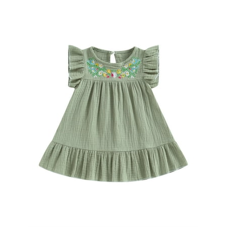 

Toddler Baby Girls Summer Linen Dress Flying Sleeve Crewneck Floral Embroidery Princess Dress