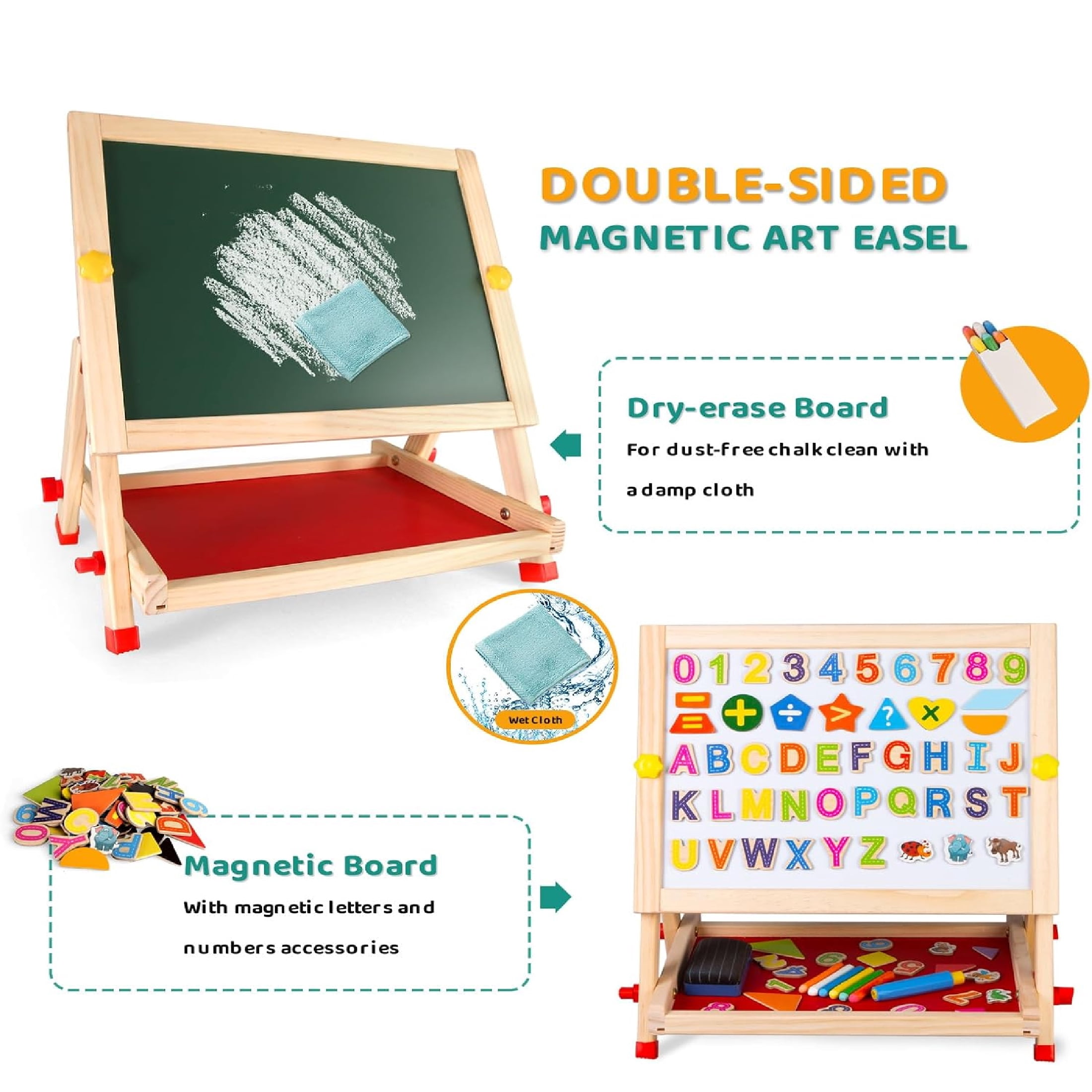 Ealing Kids Wooden Easel Double-Sided Tabletop Drawing Board Magnetic Whiteboard Chalkboard, with Letters Numbers  & Art Supplies, Preschool Learning Toys for  Boys Girls Ages 3+