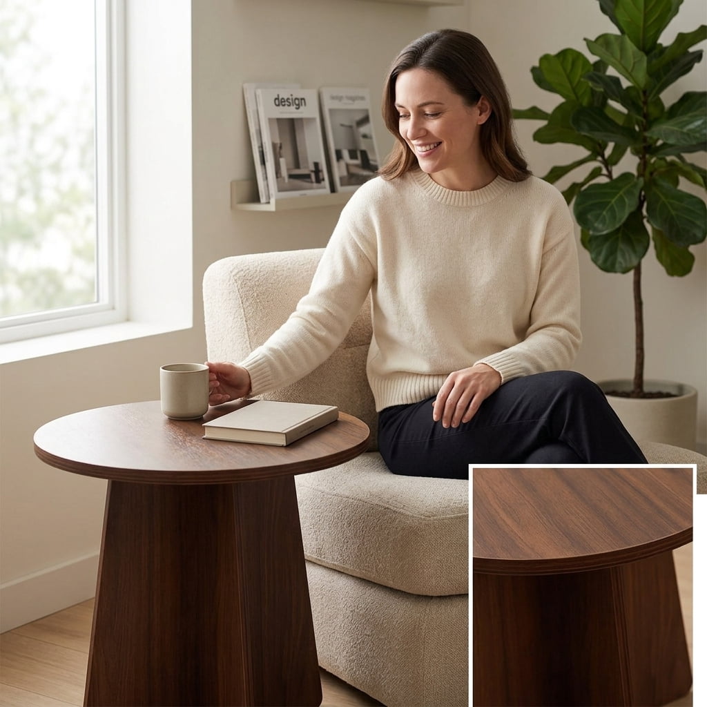 BEJOLO Round Coffee Table, Modern Table with Wood Grain Finish, End Table Side Tables for Living Room (Walnut)