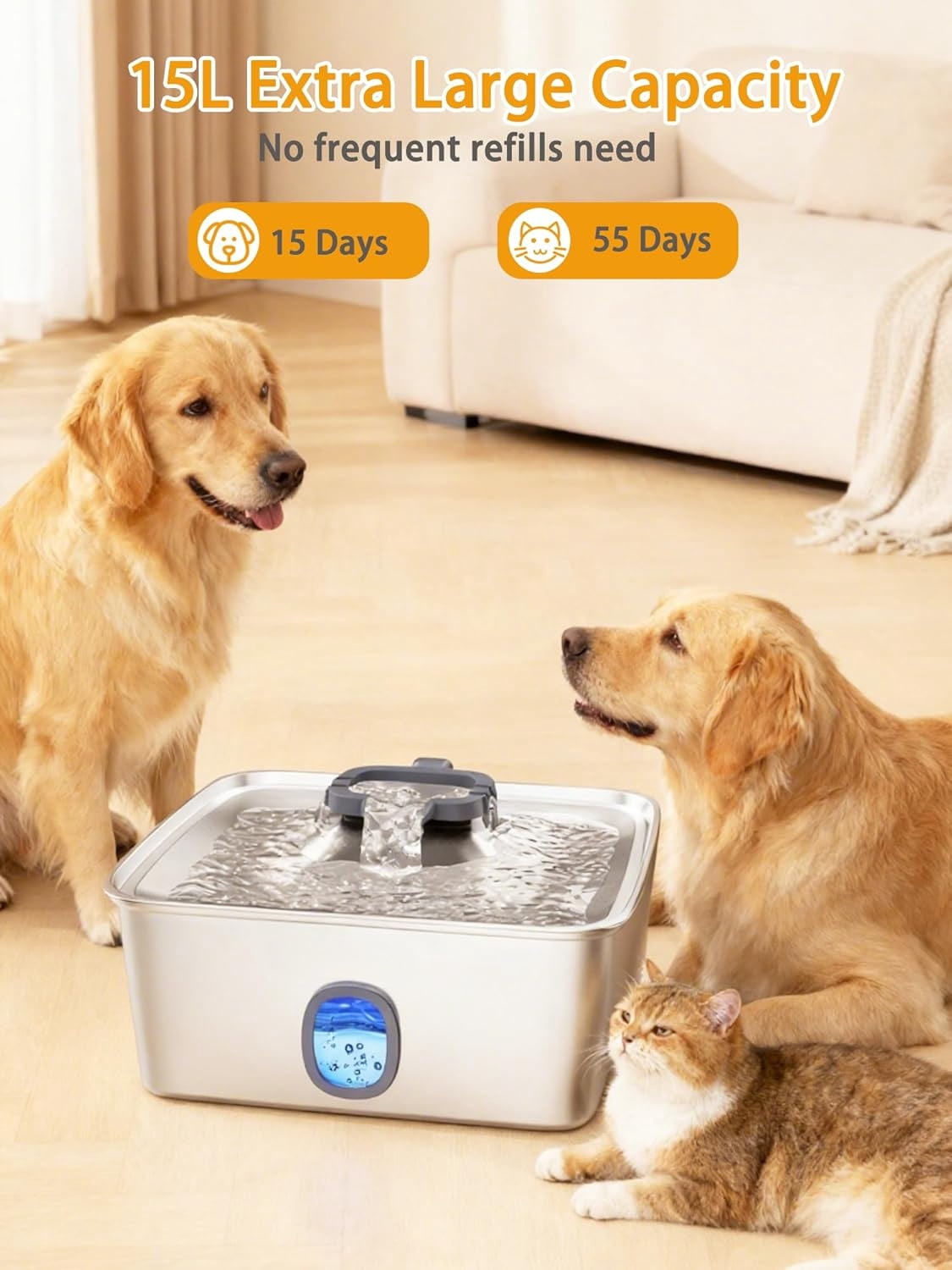 4Gal/15L Large Dog Water Fountain, Stainless Steel Pet Fountain with Water Window & LED Light, Ultra Quiet Automatic Dog Water Bowl Dispenser for Large Dogs & Multi-pet, Easy to Clean FS76