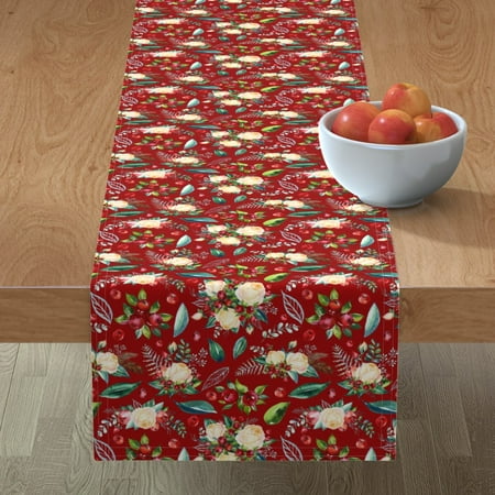 

Cotton Sateen Table Runner 72 - Christmas Flowers Winter Roses Holly Berries Seasonal Holidays Red Green Floral 10X8 Print Custom Table Linens by Spoonflower