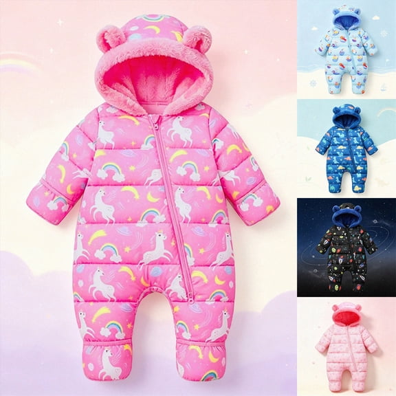 18-24 Months Toddler Baby Boys Girls Snowsuits Winter Outfits Fleece Lined Hooded Footed Romper Cute Cartoon Print Warm Jumpsuit Toddler Kids Winter Clothes
