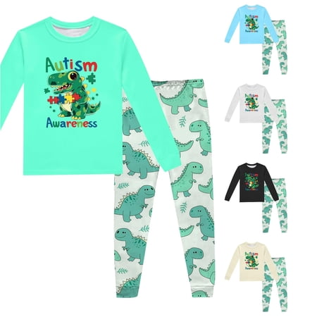 Children s Dinosaur Printed Crew Neck Long Sleeve Top Long Pants Pajama Set Home Clothes (2 9 Years) Outfits Set 5T