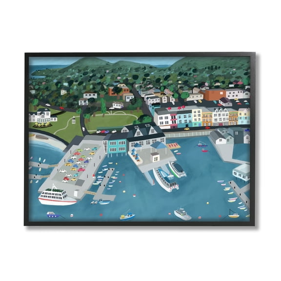 Stupell Industries Bar Harbor Port Town View Landscape Painting Black Framed Art Print Wall Art
