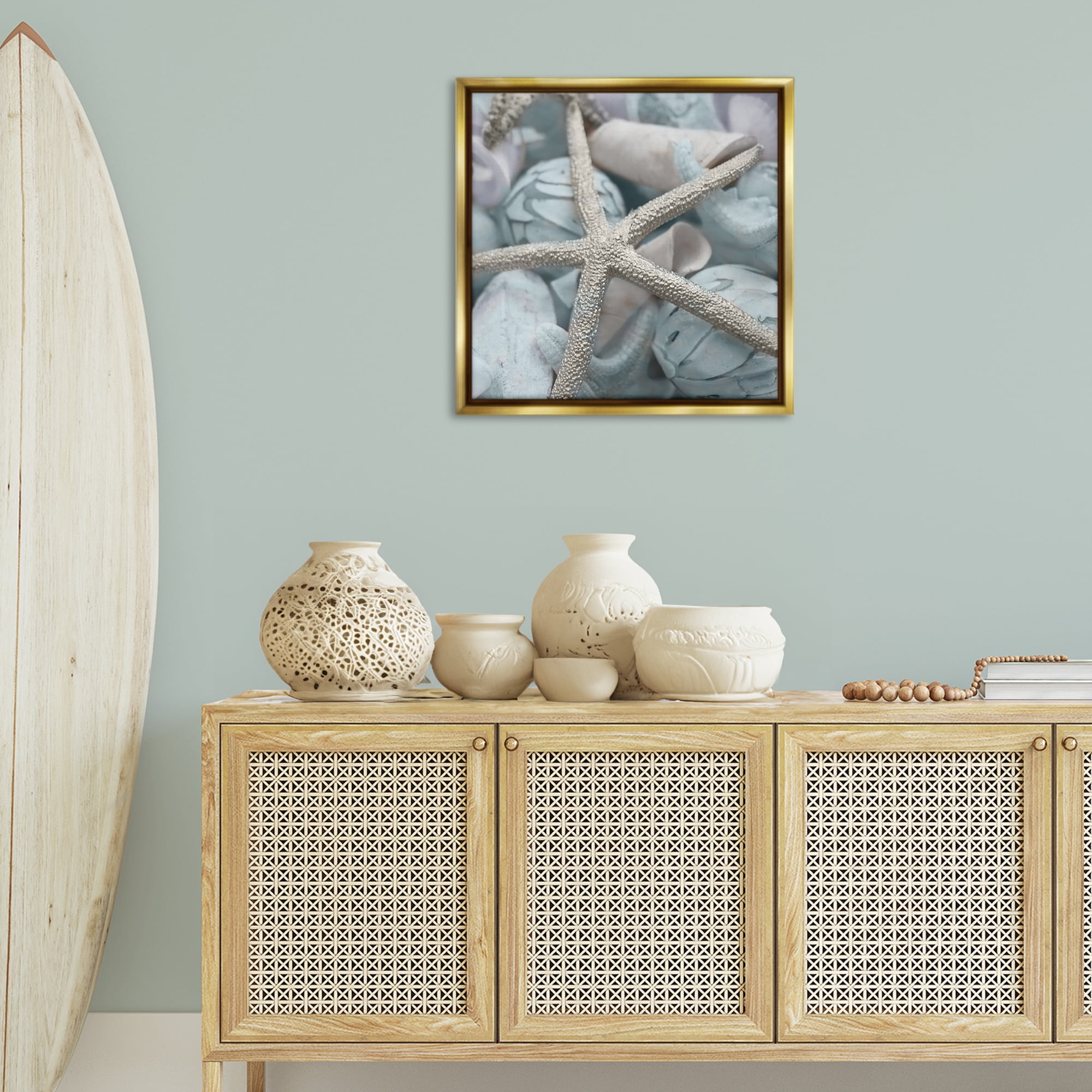 Stupell Industries Starfish & Various Shells Nautical & Beach Photography Gold Floater Framed Canvas Art Print Wall Art, 25 x 25