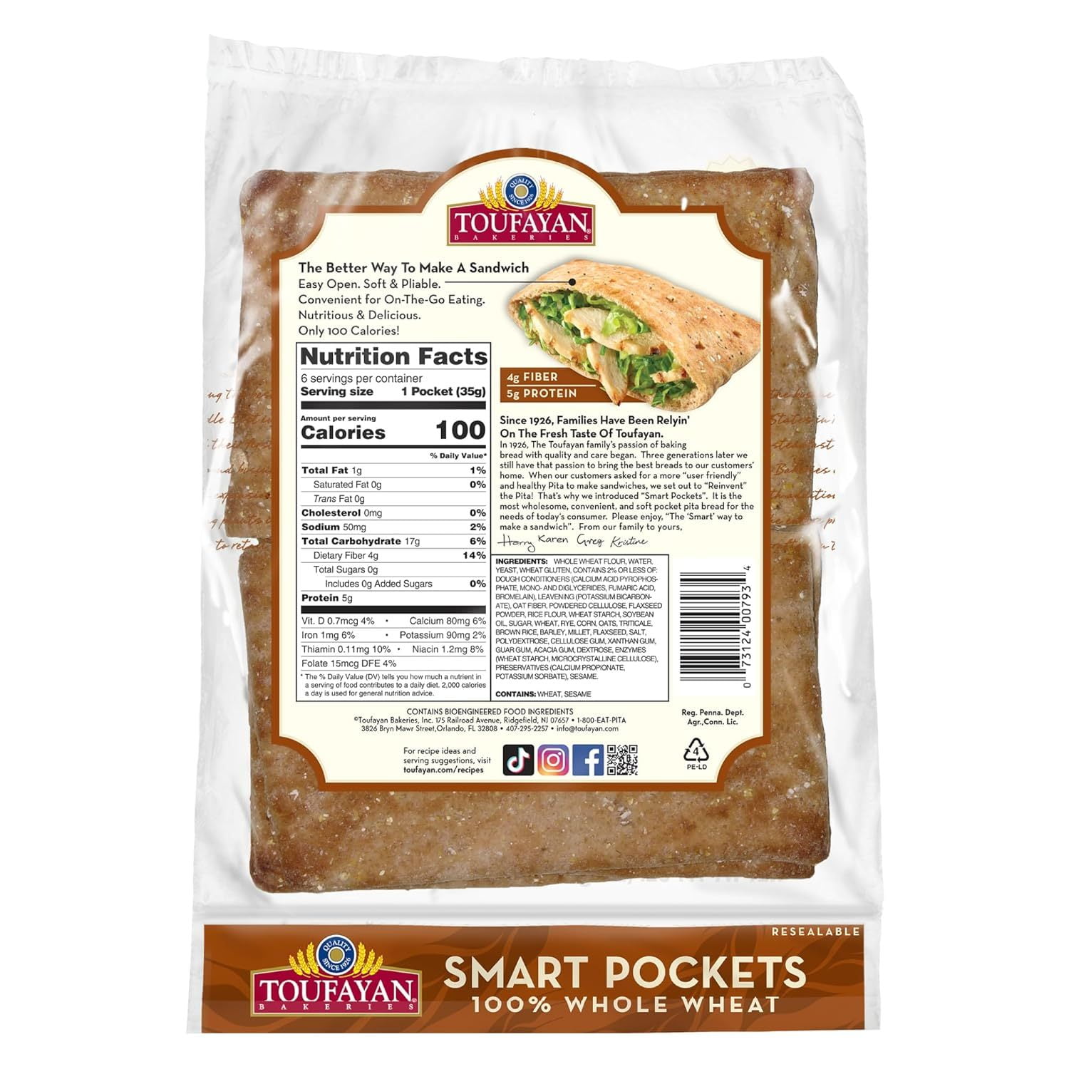 Toufayan Whole Wheat Smart Pockets Pita Bread | Naturallyy Vegan (3 Pack)
