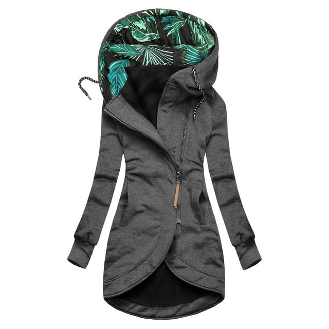 Kcodviy Veste Habillée Imprimée Mi-Longue pour Femmes Manteau à Capuche avec Cordon de Serrage Veste Décontractée à Capuche Veste Ajustée avec Poches