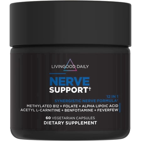 Livingood Daily Nerve Support Supplement for Women & Men, 12-in-1 Nerve Health Formula with Methylated B12, Folate, Benfotiamine, Alpha Lipoic Acid & Feverfew, Gluten Free, Non-GMO, 60 Capsules