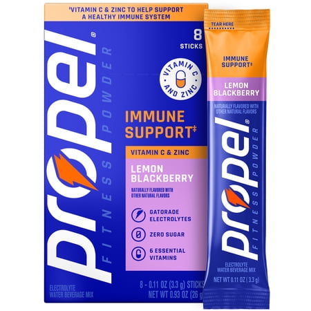 Propel Immune Support Zero Sugar Lemon Blackberry, On The Go Packs, Electrolyte Powder Drink Mix, 0.11 oz, 8 Count Packets