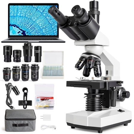 Herwicm Trinocular Compound Microscope for Adults, 40X-2500X Laboratory Grade Biological Microscope with HD Camera and Dual Mechanical Stage, Research Kit for Lab and Advanced Science Education