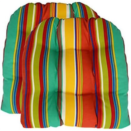 Indoor Outdoor Set Of 2 U-Shape Wicker Tufted Seat Cushions  (Large  Bright Colorful Stripe)