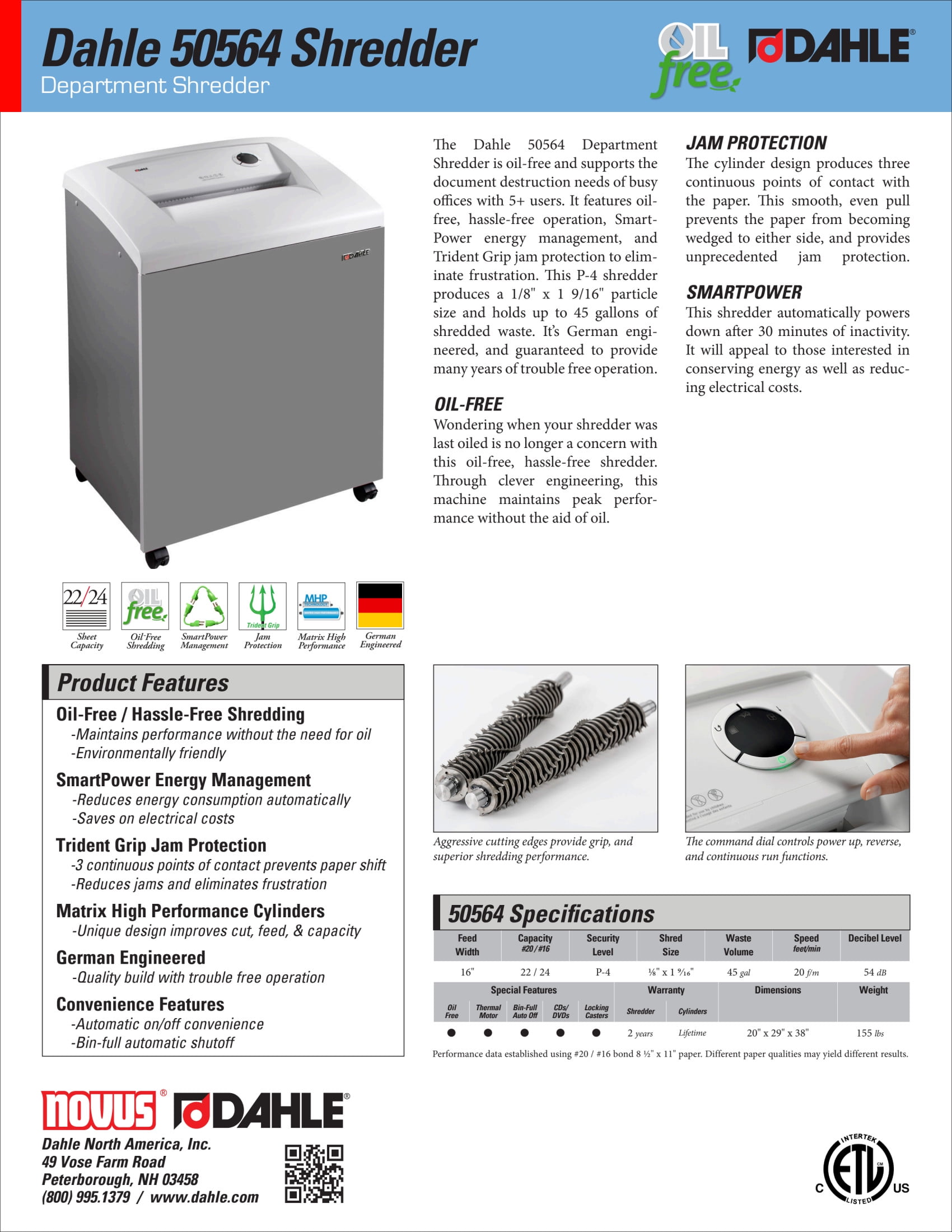 Dahle 50564 Oil-Free Paper Shredder w/Jam Protection, German Engineered, 22 Sheet Max, Level P-4 | O-3