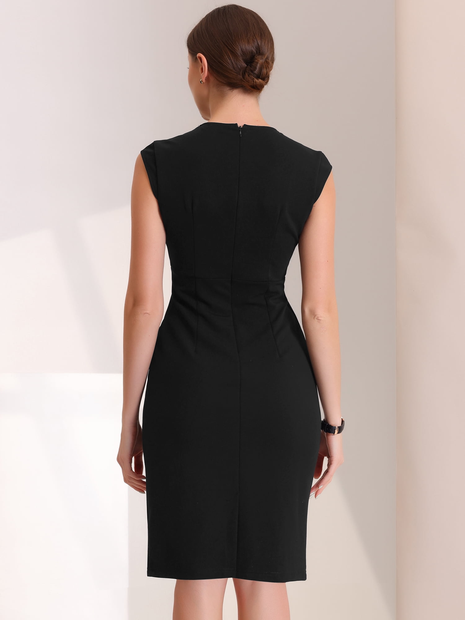DARING DIVA Pleated Cap Sleeve V Neck Shift Office Work Dresses M Black